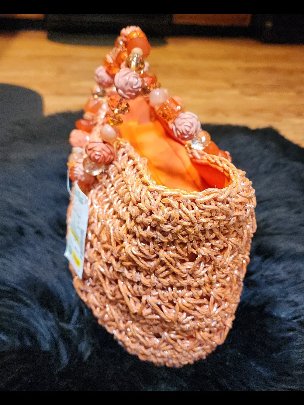 Gorgeous Handwoven Floral Beaded Handle Straw Tote Bag in Coral Orange